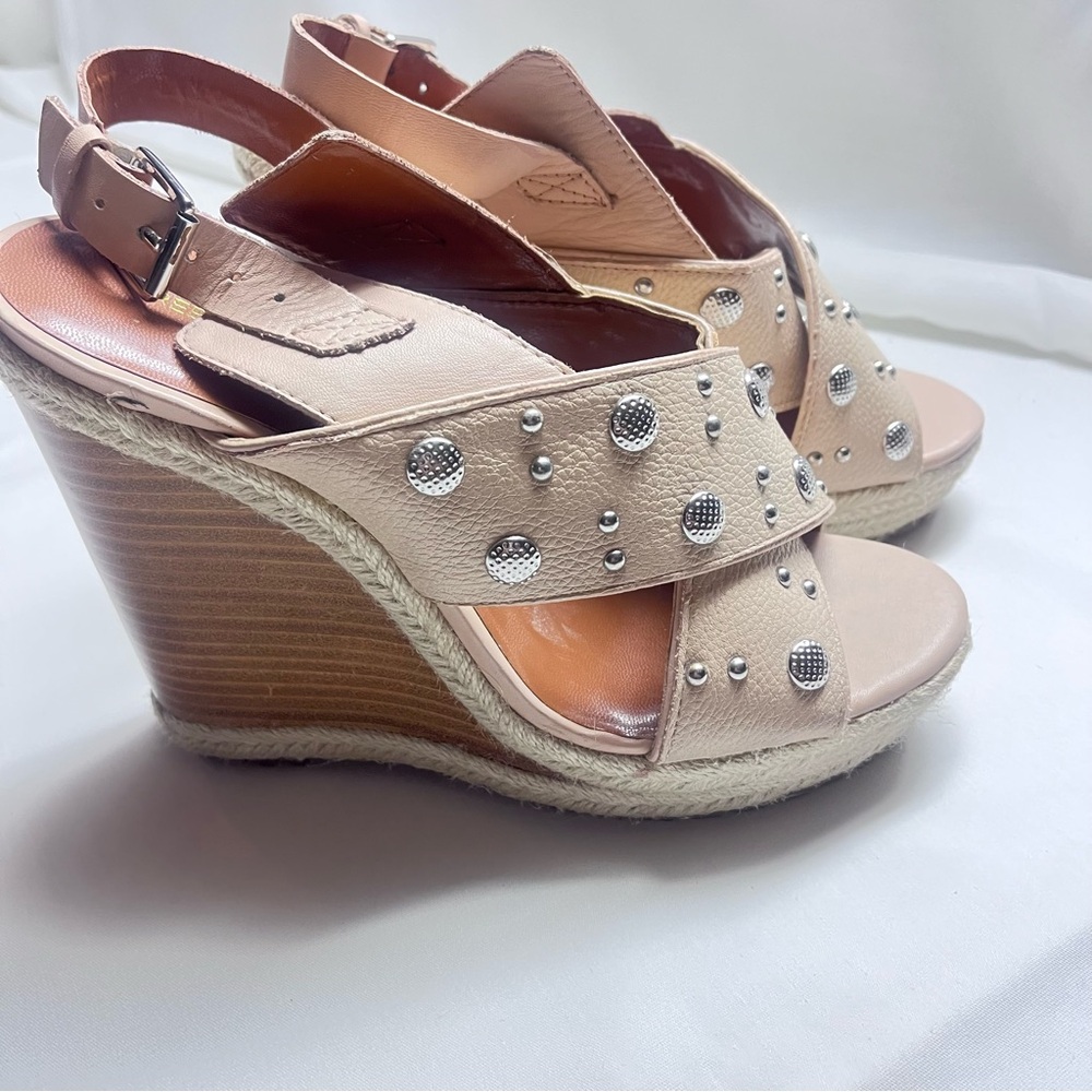 Rebecca Minkoff 8.5M Kimiko Studded Leather Beige Wedge Sandals